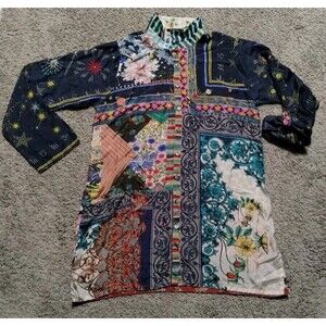 Johnny Was 100% Silk Button Down Tunic Top Blouse Floral Boho Size XS Shirt